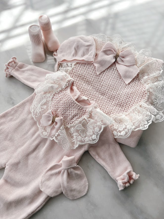 schattige babykleertjes set met kant roze